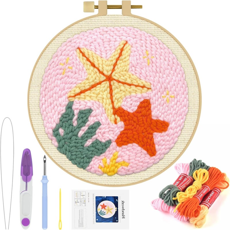 ERKOON Punch Needle Kit Adults Beginners, DIY Easy Sea Animals Embroidery Set for Starter Art Craft, Needling Punch Project with Patterns, Tools, Yarns, Hoop, Instruction (Starfish) - Image 1